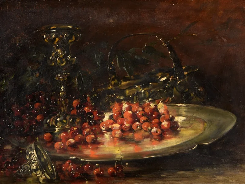 1865-Natalie Schultheiss - Natura morta con frutta, aragosta e ostriche